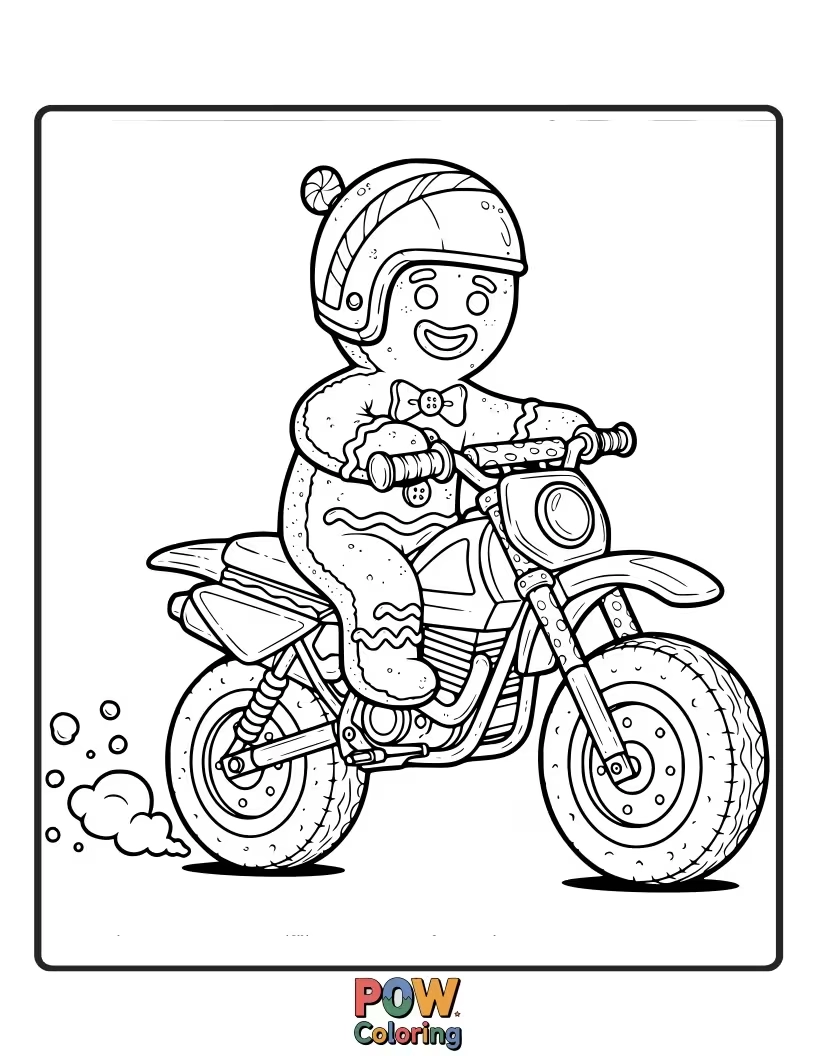 Free coloring page of A dirt bike made of gingerbread and icing, racing on a cookie-crumb track.