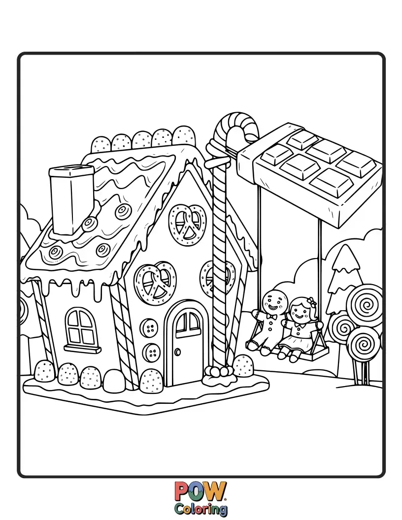 Free coloring page of A happy gingerbread man swings on a candy cane rope attached to a sweet gingerbread house.