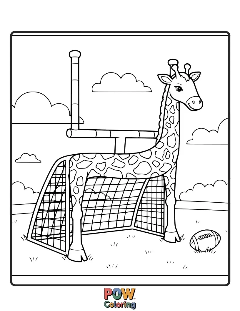 Free coloring page of A tall, elegant giraffe using its long neck to gently guide a football into a goal. Graceful and unique.