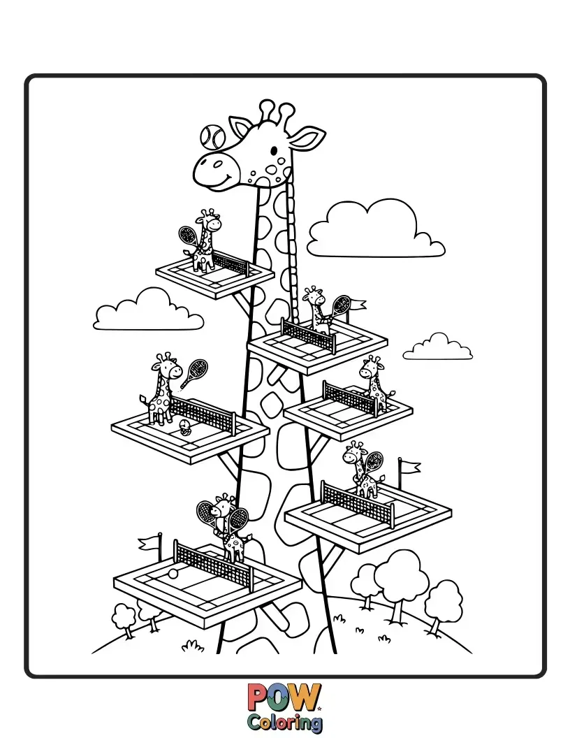 Free coloring page of A tall giraffe reaching high to smash a tennis ball, with its legs gracefully positioned on the court.