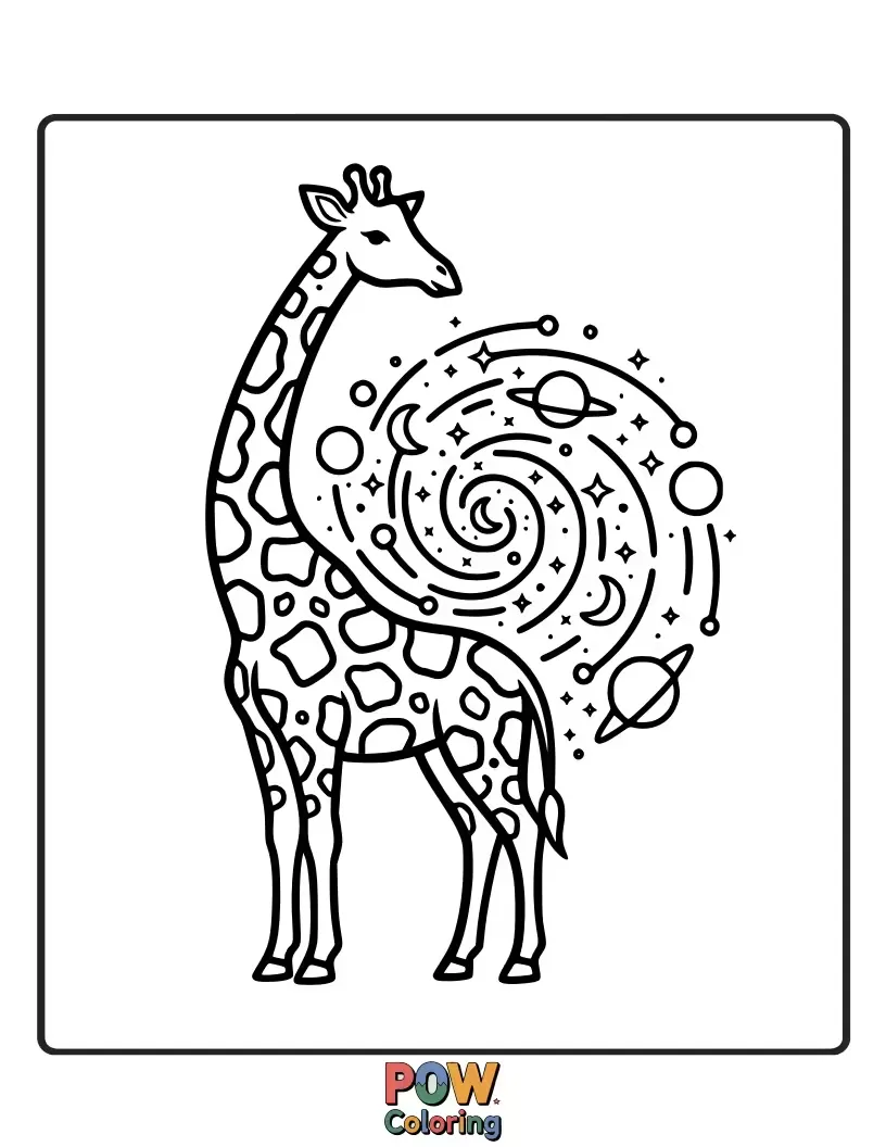 Free coloring page of A happy giraffe carrying a stack of colorful, enchanted letters with wax seals, soaring towards a castle silhouette.