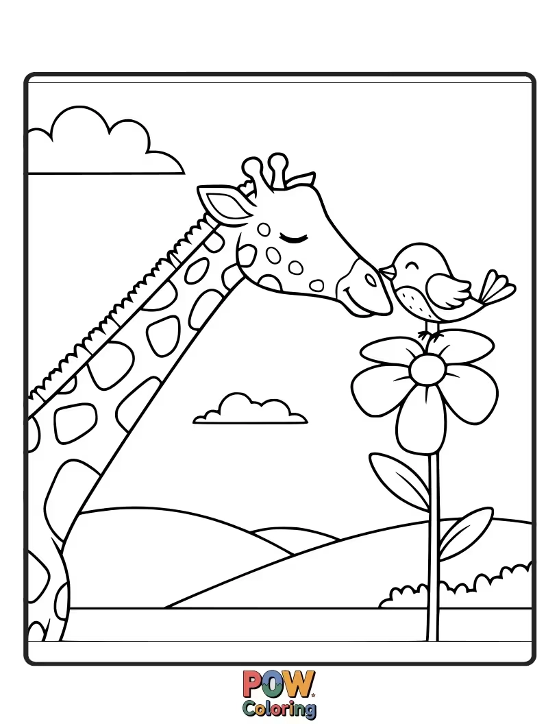 Free coloring page of A tall giraffe lovingly bends its long neck to whisper sweet nothings into its sweetheart's ear on this special Valentine's Day.