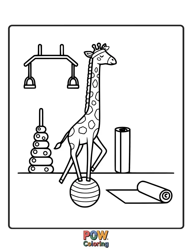 Free coloring page of A tall giraffe elegantly reaching for a high pull-up bar, its long neck allowing for a unique workout perspective.