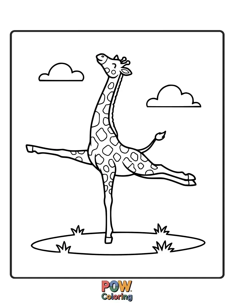 Free coloring page of A tall giraffe attempts a graceful grand jeté, its long legs extending elegantly across the stage. Towering talent!