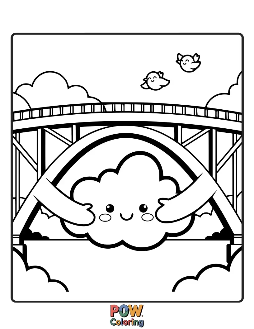 Free coloring page of A friendly girder gently embracing a group of small, colorful houses.