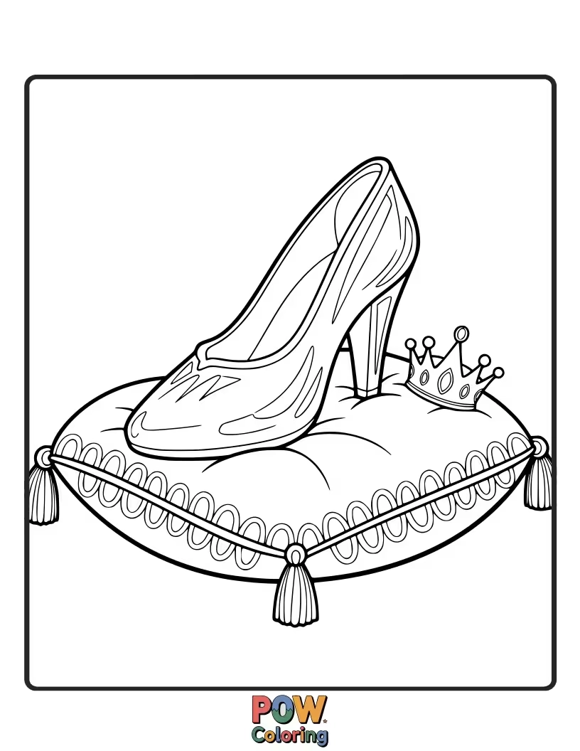 Free coloring page of A graceful princess holding a delicate glass slipper, a symbol of her fairy tale.