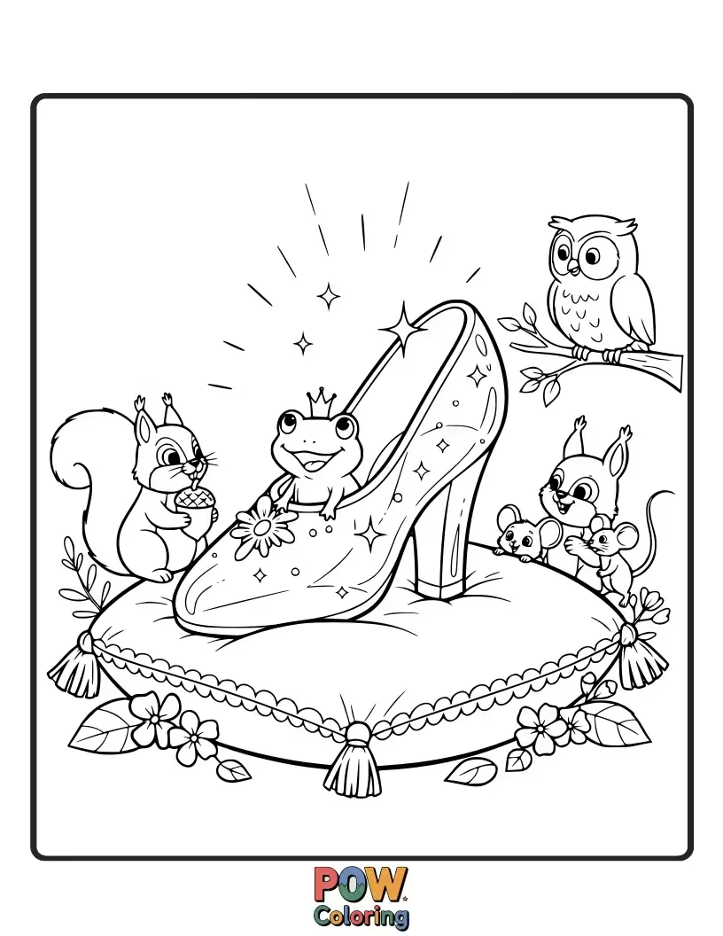 Free coloring page of Cinderella looking surprised and delighted as she discovers the lost glass slipper perfectly fits her foot.