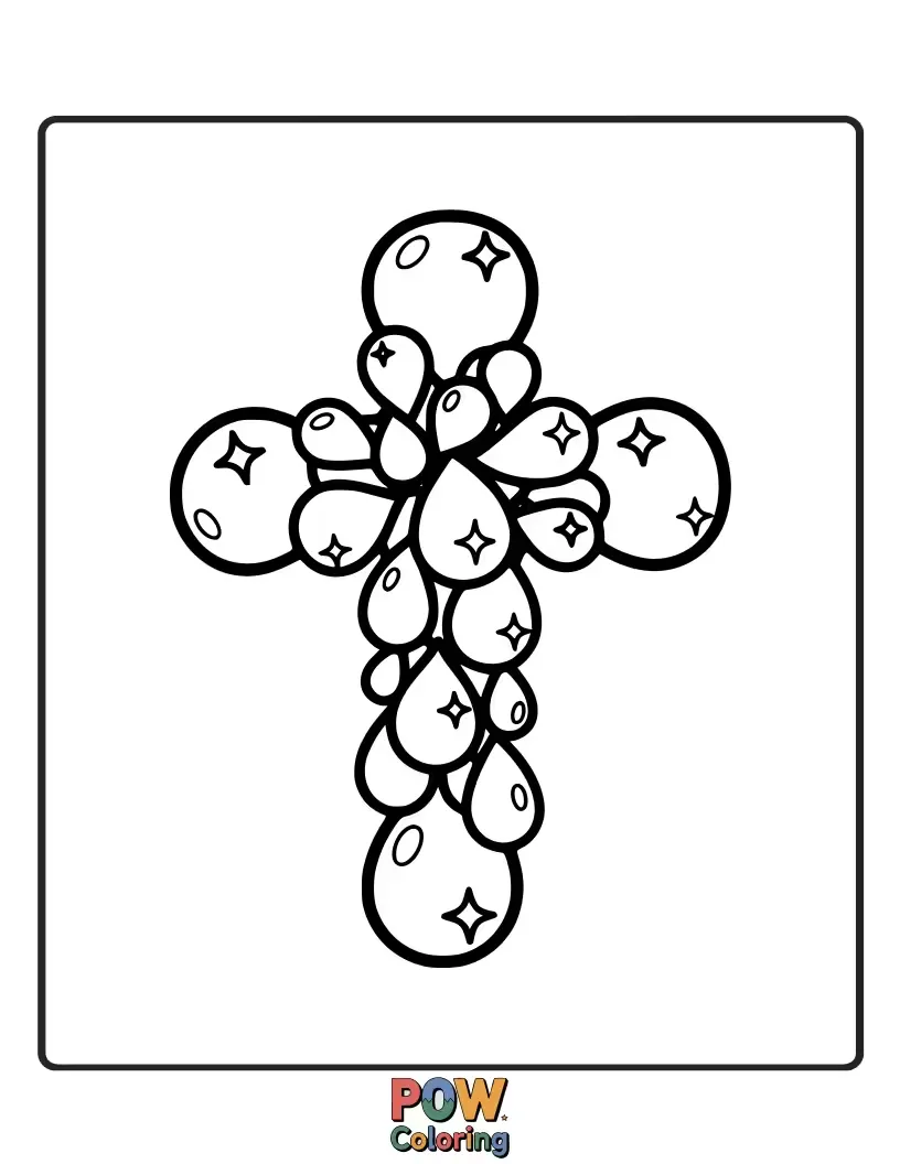 Free coloring page of A refreshing cross adorned with sparkling dewdrops, capturing the serene beauty of a morning scene.