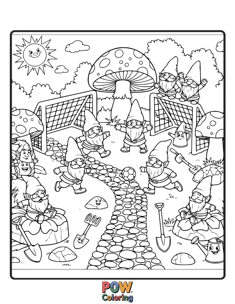 Free coloring page of A tiny gnome tending to a miniature football field in a lush garden. Whimsical and detailed.