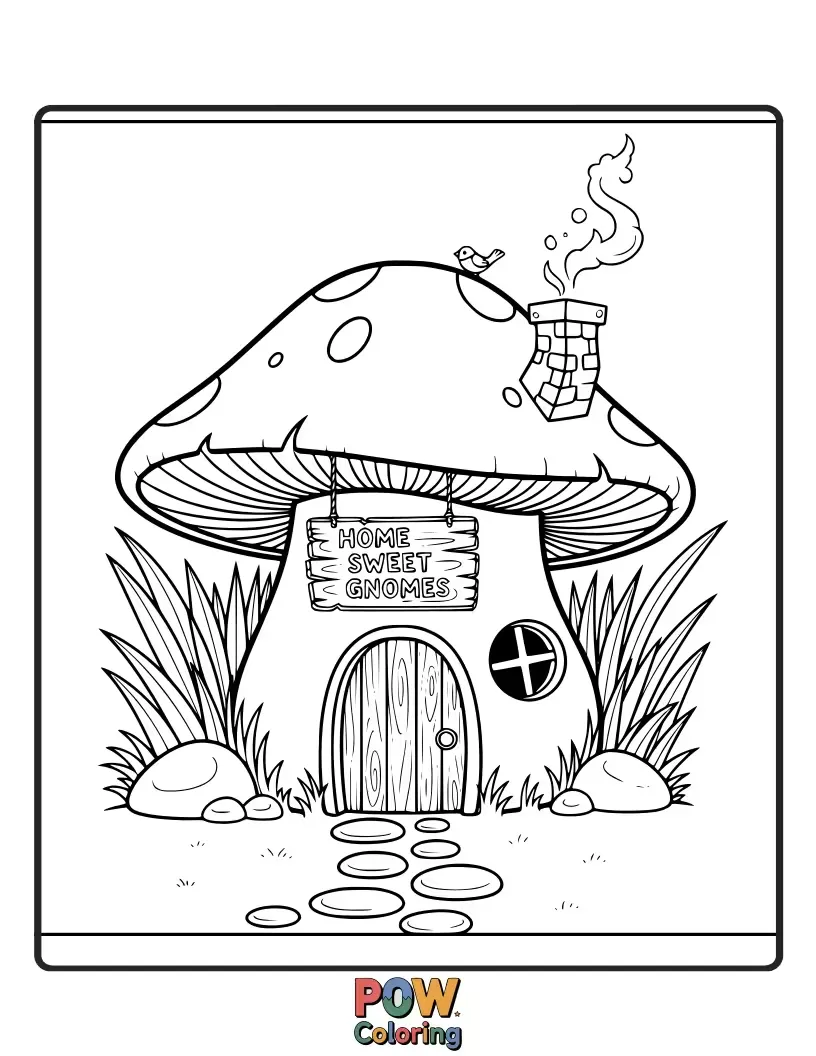 Free coloring page of A tiny mushroom house with a friendly gnome peeking out the door, wearing a pointy hat. Whimsical and charming!