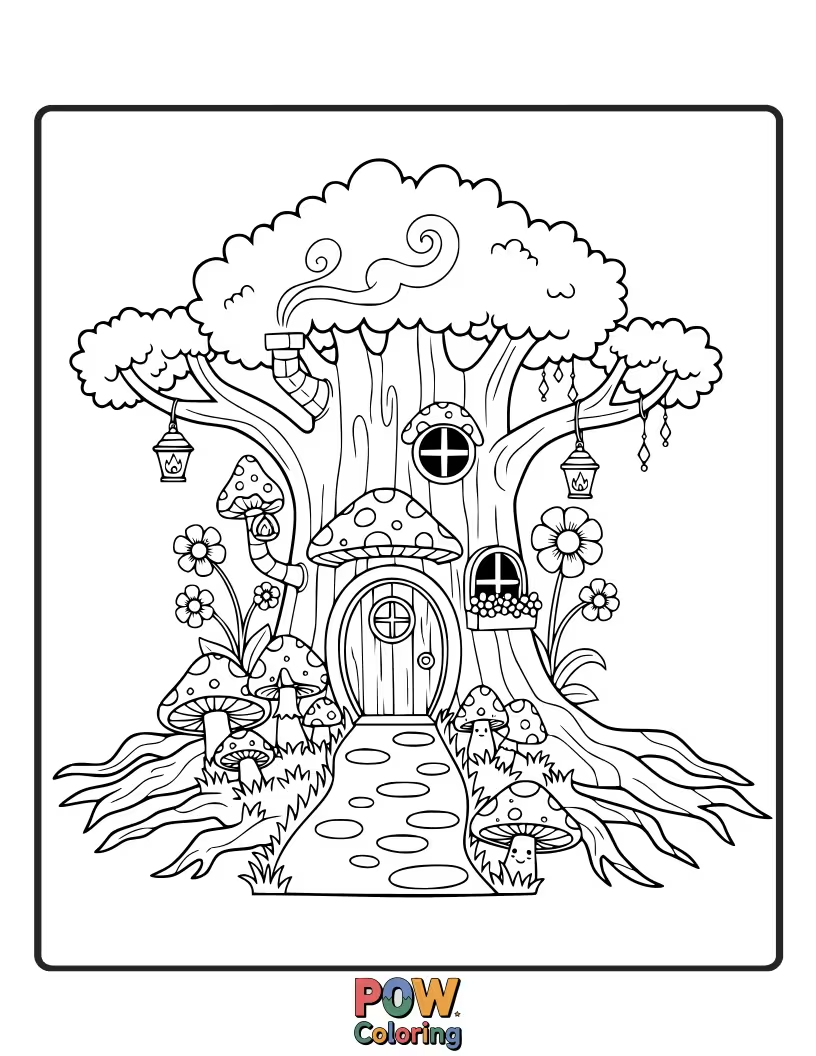 Free coloring page of Little trees with tiny doors and windows, serving as cozy homes for friendly garden gnomes.