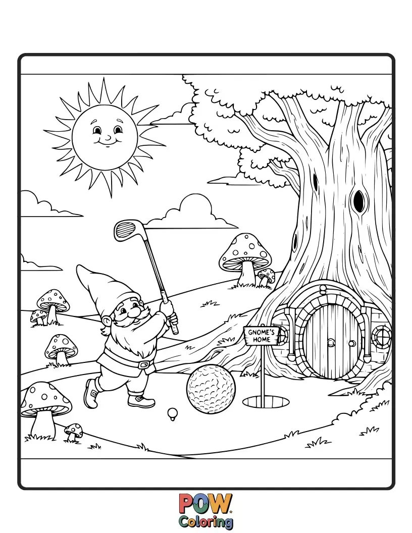 Free coloring page of A jolly gnome with a long beard celebrating a fantastic drive, his mushroom cap tilted jauntily.