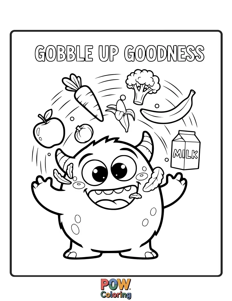 Free coloring page of A plump, smiling turkey is surrounded by delicious Thanksgiving treats like pie and corn. So much to be thankful for!