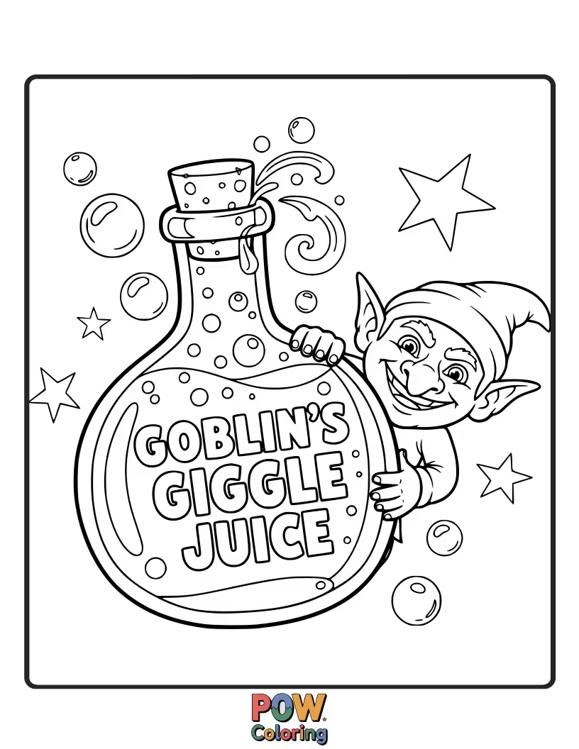 Free coloring page of A goblin is excitedly drinking from a bottle labeled "Giggle Juice," its face contorted in delight.