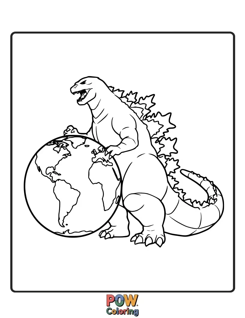 Free coloring page of Godzilla standing as a guardian, shielding the Earth from an incoming alien threat. Heroic stance.