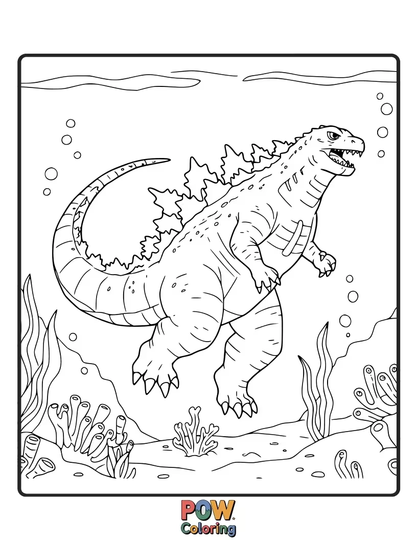 Free coloring page of The giant reptile swimming gracefully beneath the waves, exploring the deep ocean. A unique perspective.