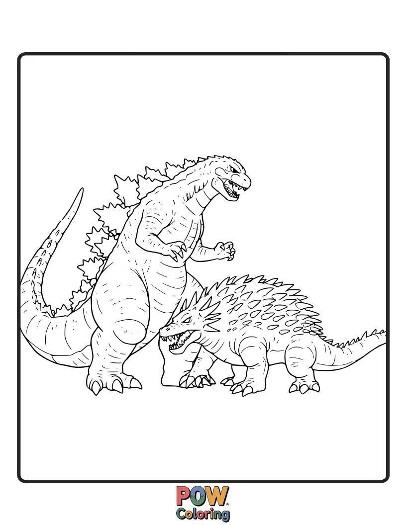 Free coloring page of Godzilla in a fierce battle with his spiky ally, Anguirus. Kaiju vs. Kaiju action.