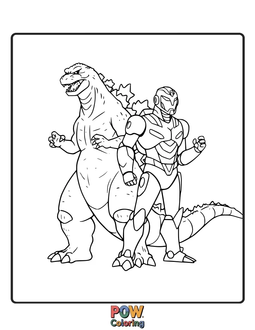 Free coloring page of Godzilla joining forces with the robot hero Jet Jaguar for a monumental battle. Sci-fi alliance.