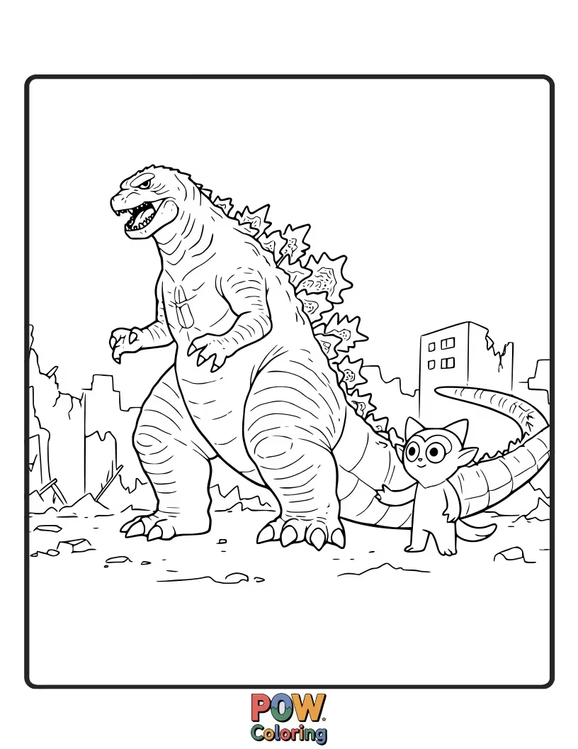Free coloring page of Godzilla teaching his son, Minilla, about the world and its dangers. Father-son bonding.