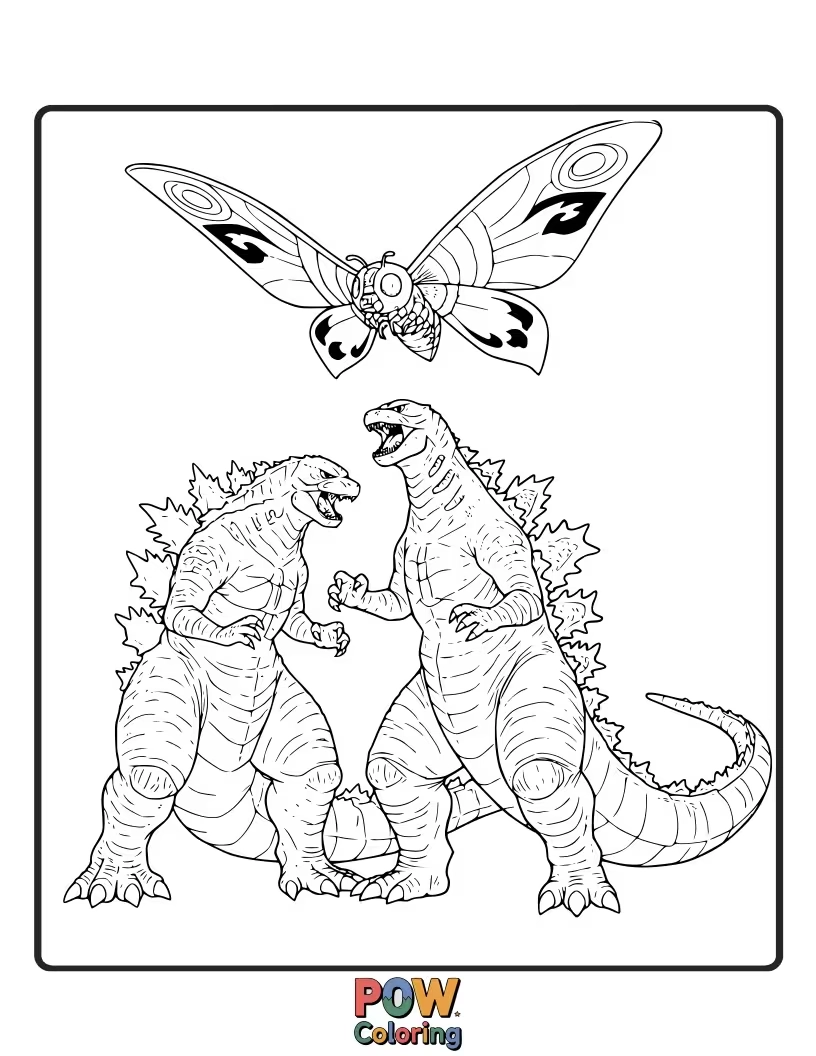 Free coloring page of Godzilla teaming up with the benevolent Mothra to face a common enemy. Ally collaboration.