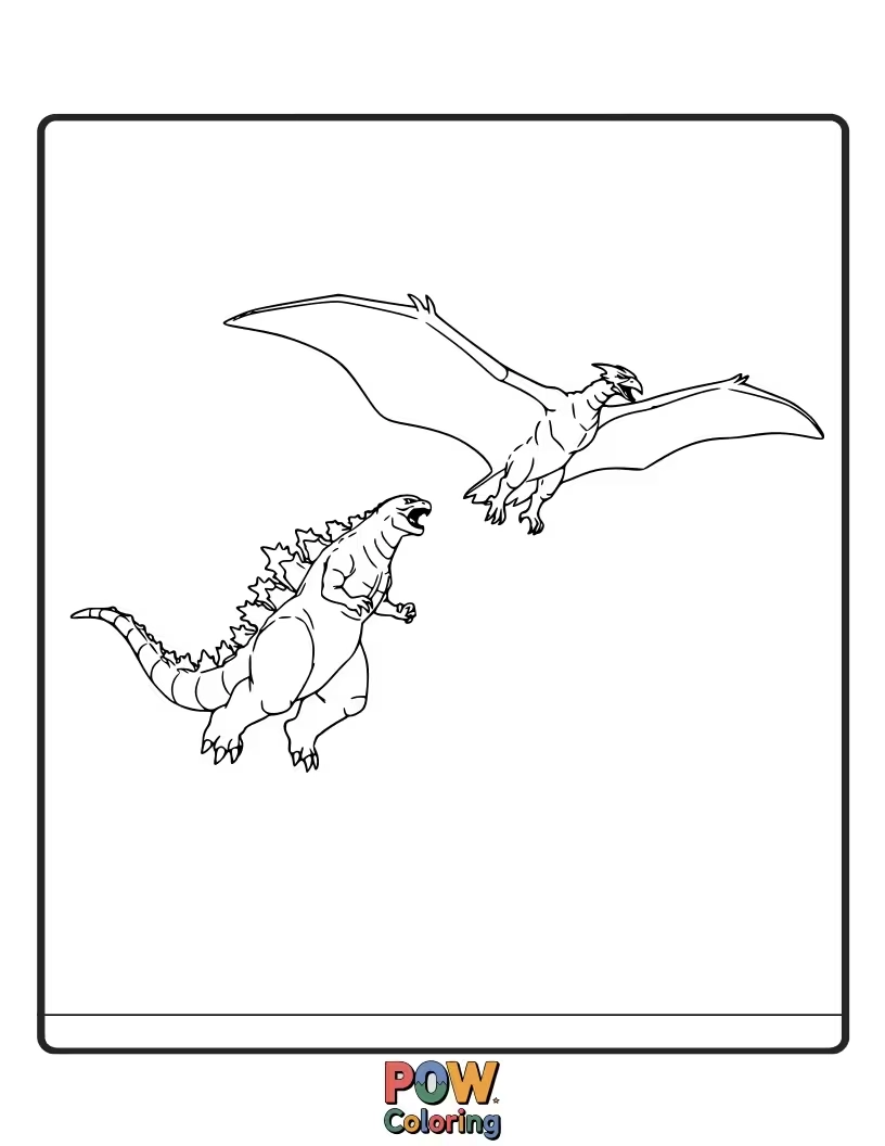 Free coloring page of Godzilla walking as Rodan soars majestically overhead, a partnership of titans. Aerial and ground.