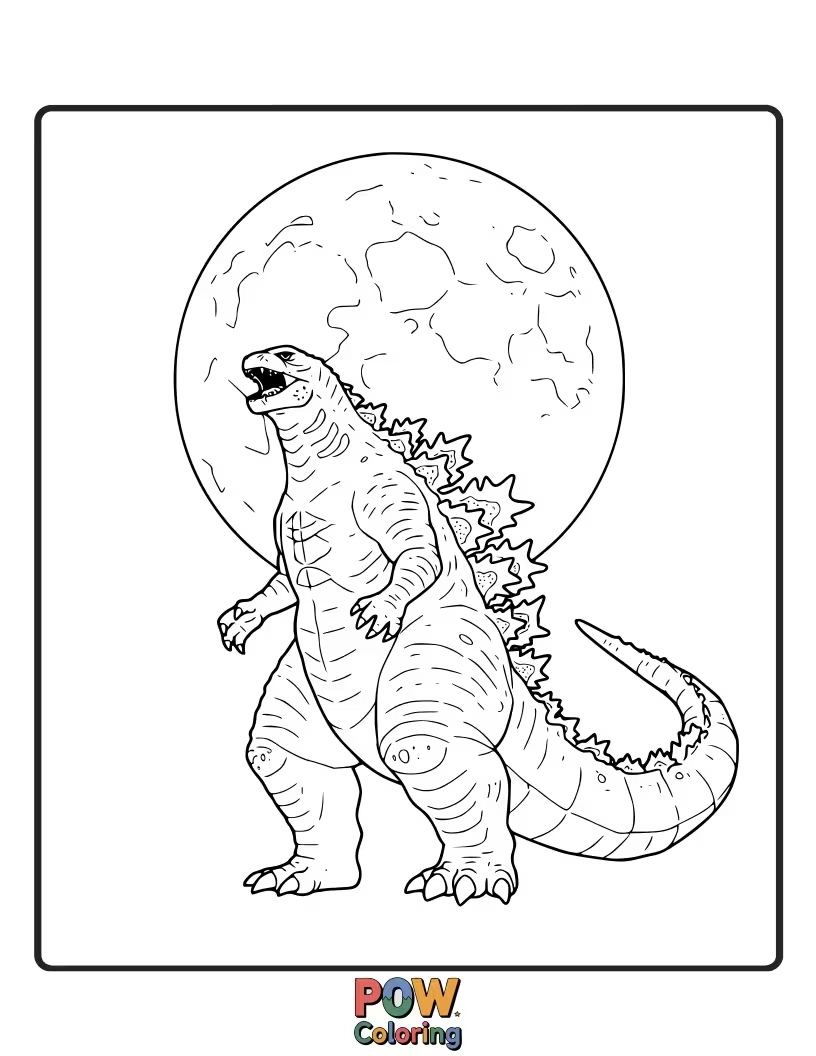 Free coloring page of Godzilla standing beneath a large, full moon, his silhouette outlined against the celestial body. Ethereal scene.