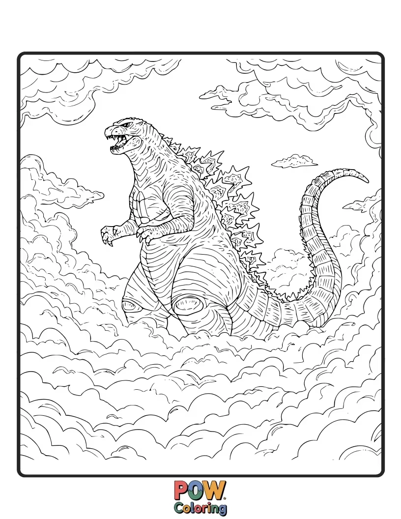 Free coloring page of Godzilla towering above the clouds, his head reaching into the sky. Majestic and vast.