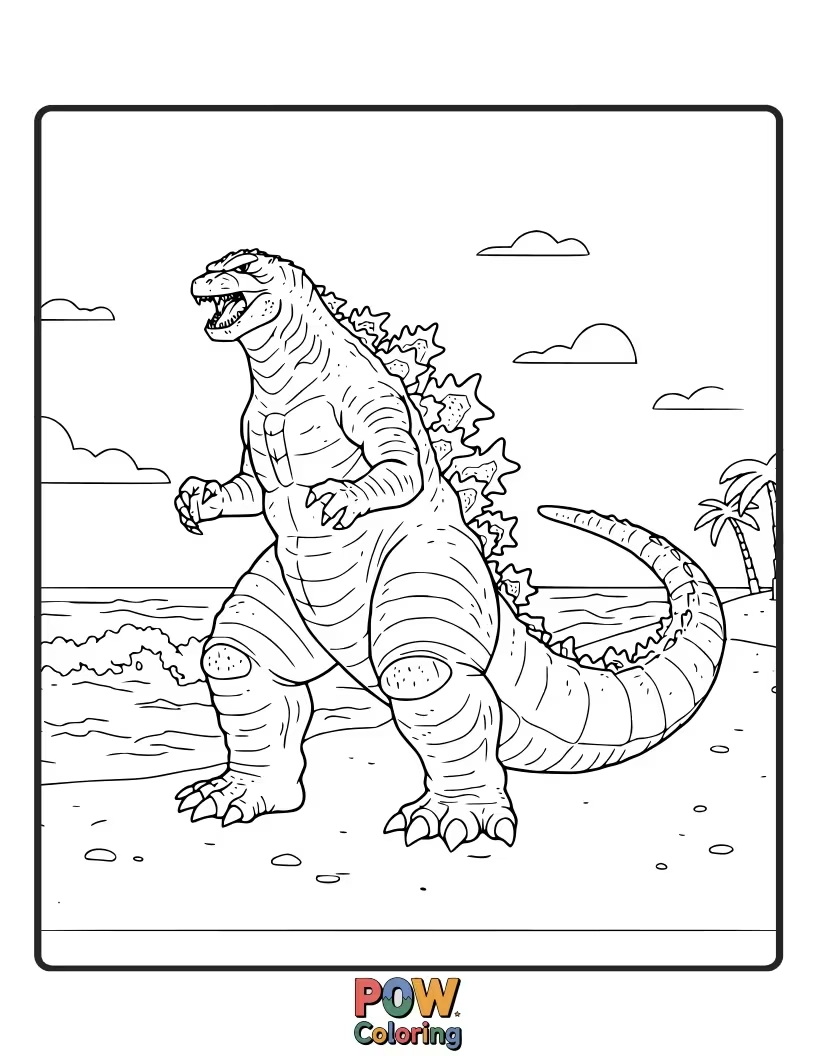 Free coloring page of Godzilla making his way out of the ocean onto a sandy beach, footprints in the sand. Coastal scene.