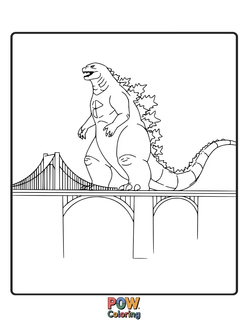 Free coloring page of The colossal creature standing on a collapsing bridge, the weight of his body apparent. Dramatic scene.