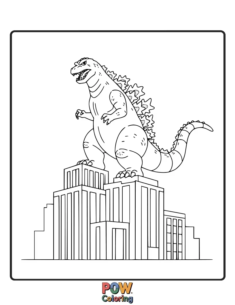 Free coloring page of The King of the Monsters perched atop a skyscraper, surveying the city below. Urban dominance.
