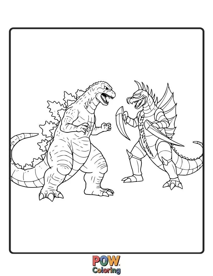Free coloring page of Godzilla dodging the deadly spinning blades of the cyborg monster Gigan. High-stakes combat.