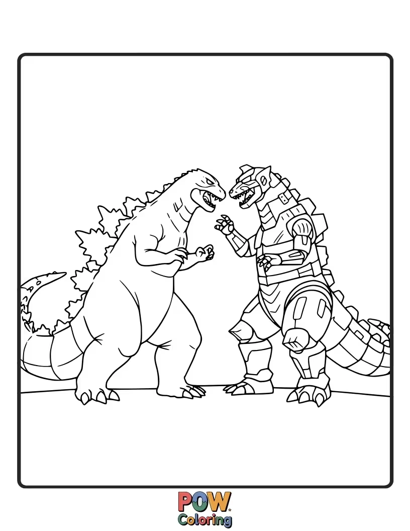 Free coloring page of The ultimate mechanical doppelganger, Mechagodzilla, faces off against the original Godzilla. Intense rivalry.