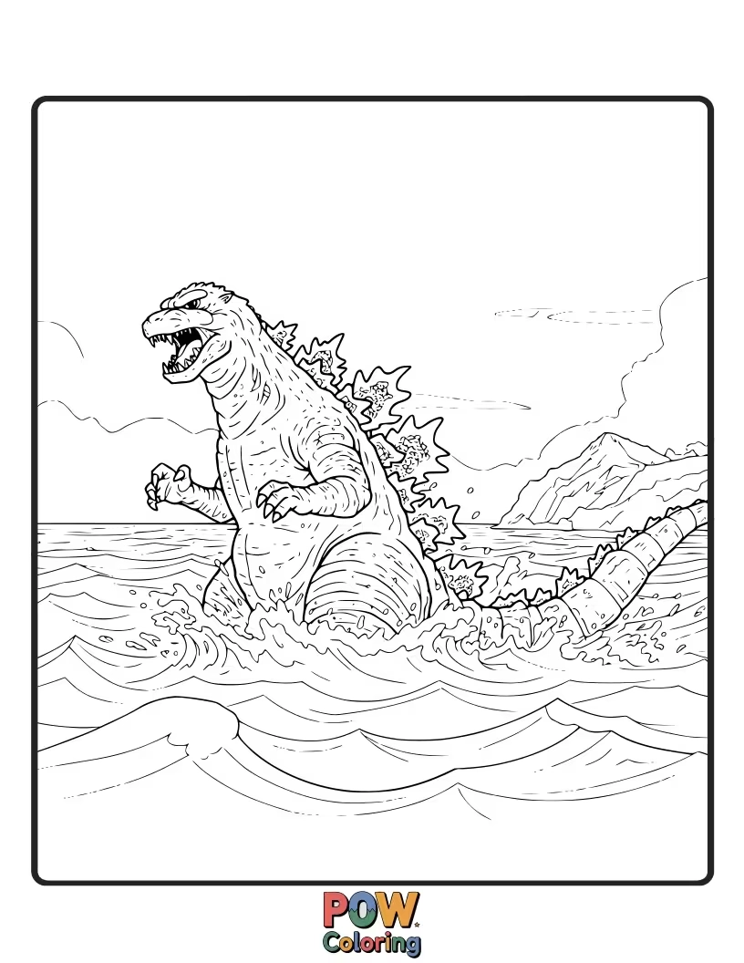 Free coloring page of Godzilla diving back into the ocean, a trail of bubbles following his powerful descent. Stealthy exit.
