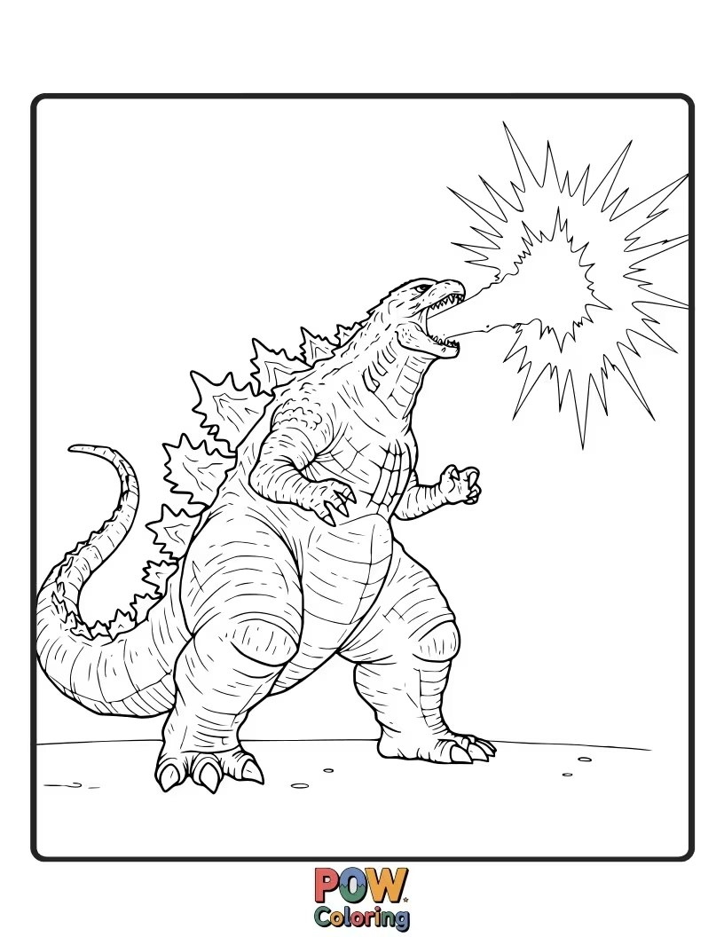 Free coloring page of Godzilla releasing a powerful atomic pulse, an energy wave radiating outwards. Defensive move.