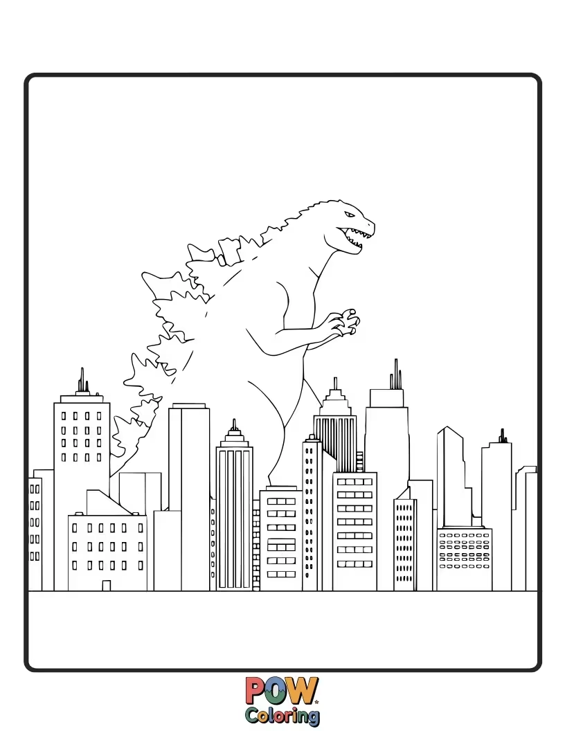 Free coloring page of The outline of Godzilla against a city skyline, emphasizing his epic scale. Urban backdrop.