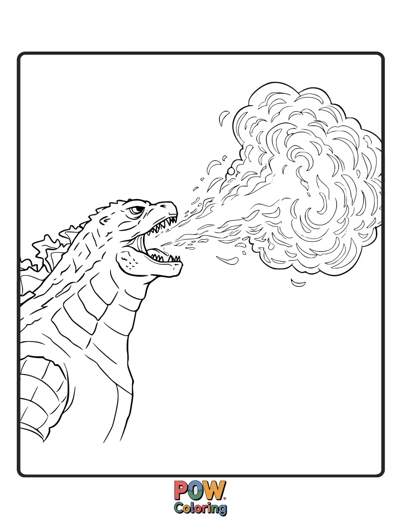 Free coloring page of The raw power of Godzilla's atomic breath, a vibrant stream of energy engulfing the scene. Explosive color potential.