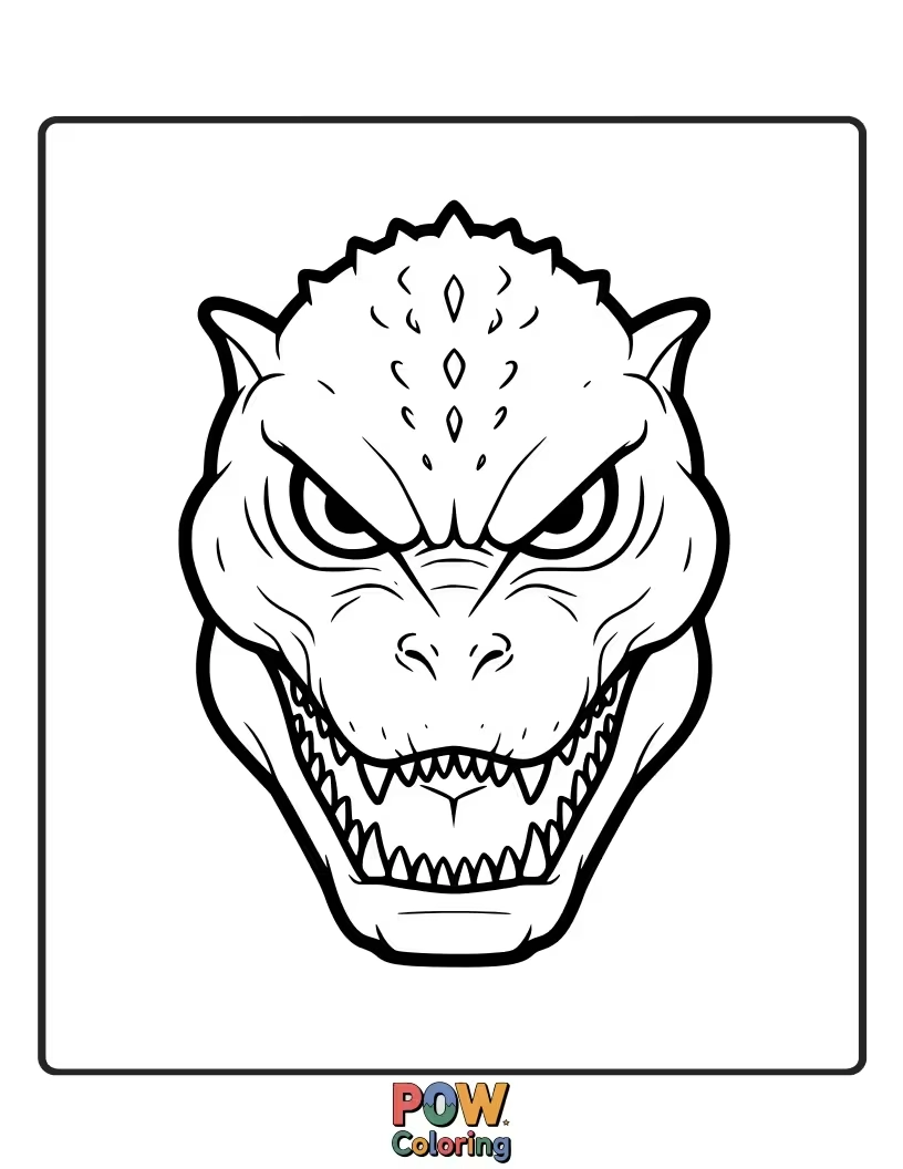 Free coloring page of Close-up on Godzilla's eyes, glowing with intense red or orange, signifying his immense power. Fiery gaze.