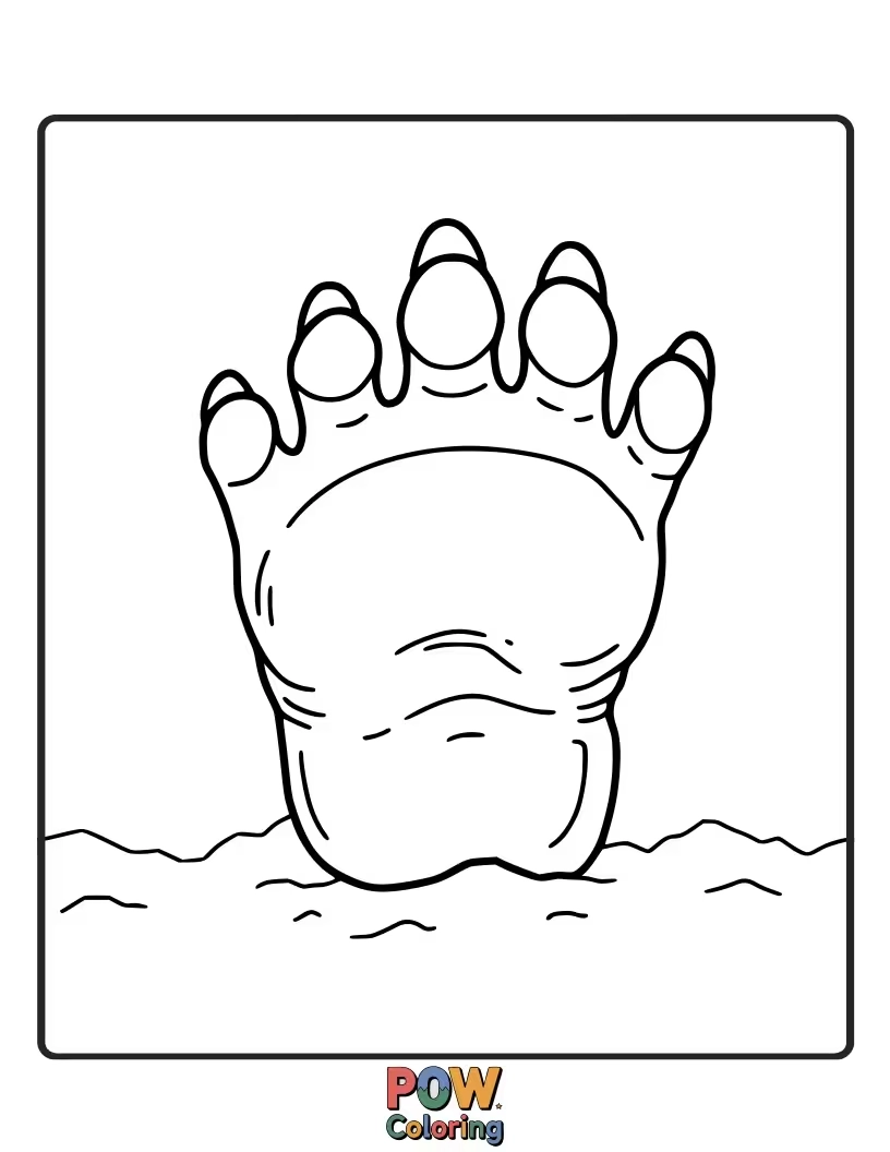 Free coloring page of A giant Godzilla footprint impressed deeply into the earth, showcasing his immense size. Simple and impactful.