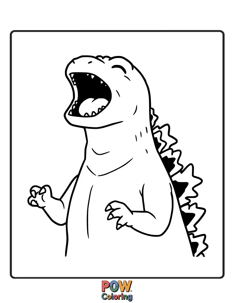 Free coloring page of A more cheerful Godzilla, perhaps after a victory, letting out a joyous roar. Friendly monster.