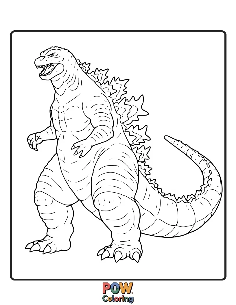 Free coloring page of A classic, powerful pose of Godzilla standing tall, his silhouette instantly recognizable. Timeless image.