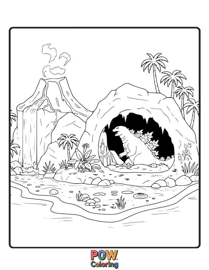 Free coloring page of Godzilla relaxing on a secluded island, enjoying some quiet time away from the chaos. Serene setting.