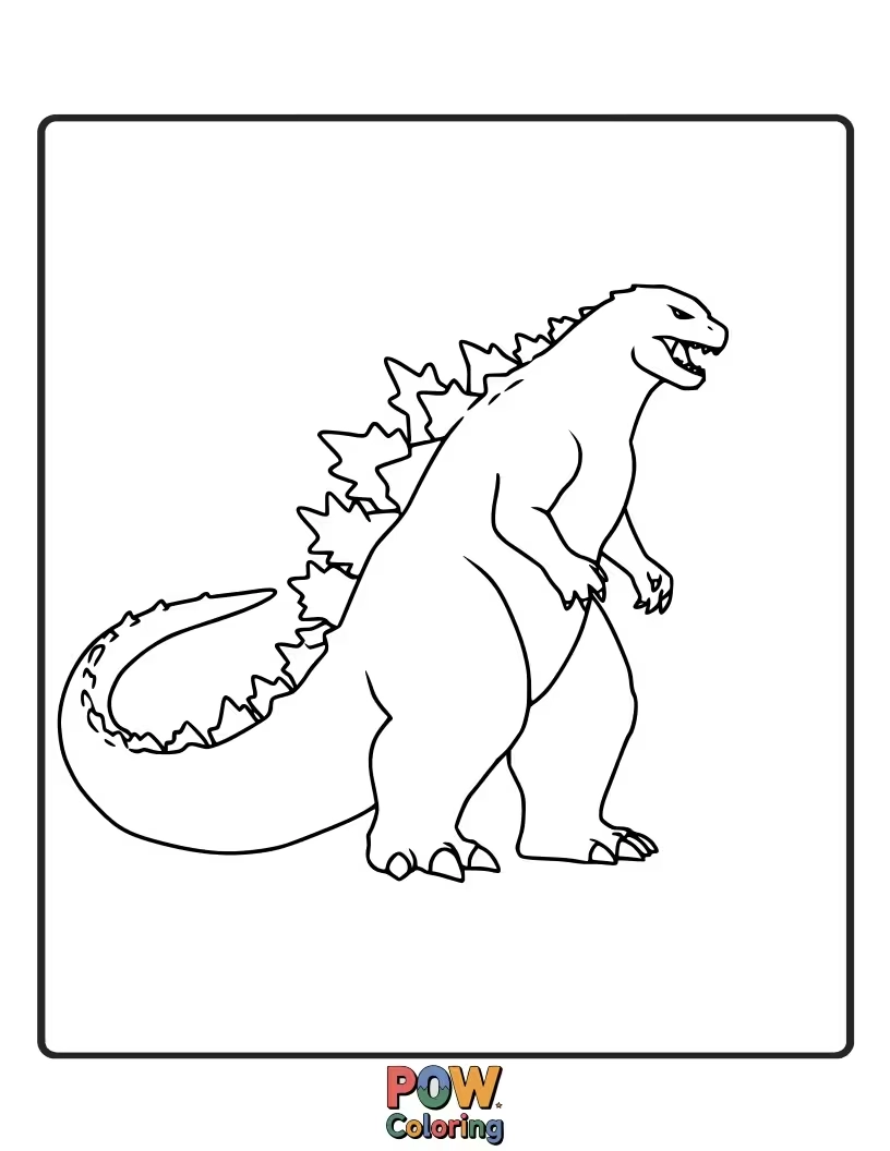 Free coloring page of A simplified, bold outline of Godzilla, perfect for young artists to fill with vibrant colors. Minimalist power.