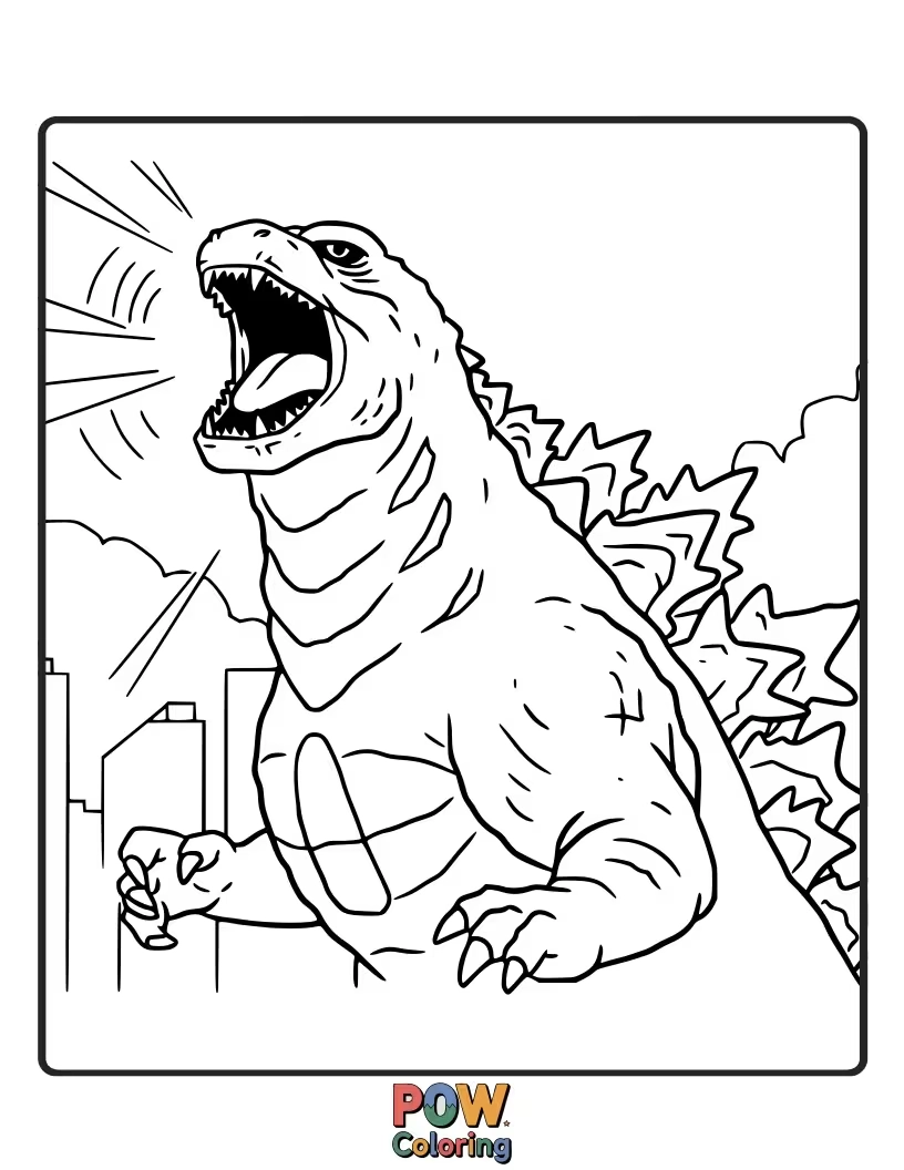 Free coloring page of A dynamic depiction of Godzilla's powerful roar, lines and energy radiating outwards. Sound visual.