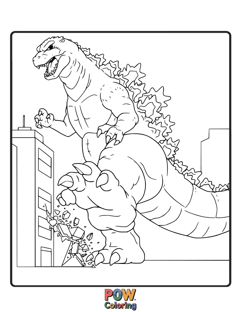 Free coloring page of Godzilla bringing down his colossal foot, crushing everything beneath its immense weight. Powerful action.
