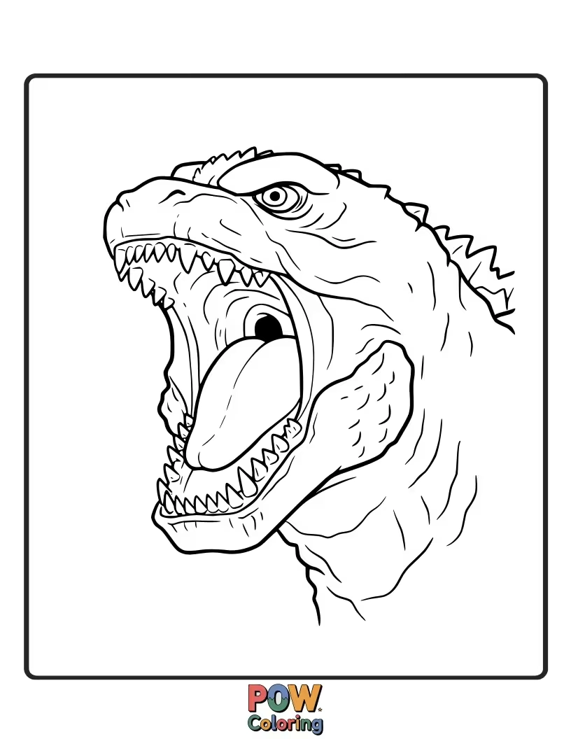 Free coloring page of An extreme close-up of Godzilla's open mouth mid-roar, detailing his sharp teeth and intense expression.