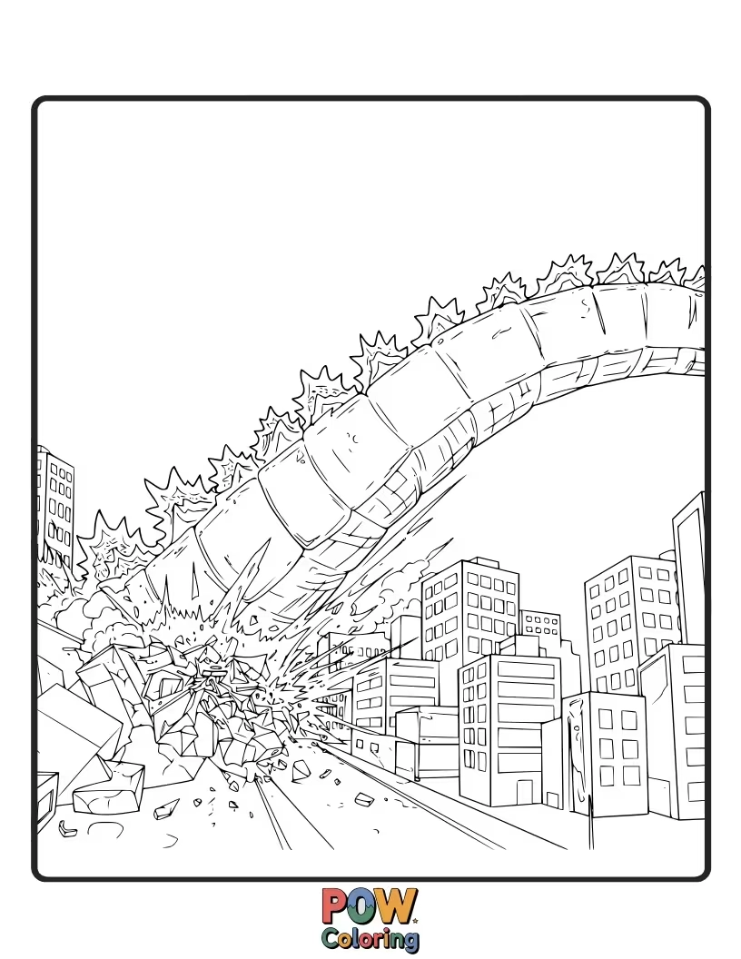 Free coloring page of The mighty tail of Godzilla mid-swing, creating a powerful force that knocks over objects. Action-packed.