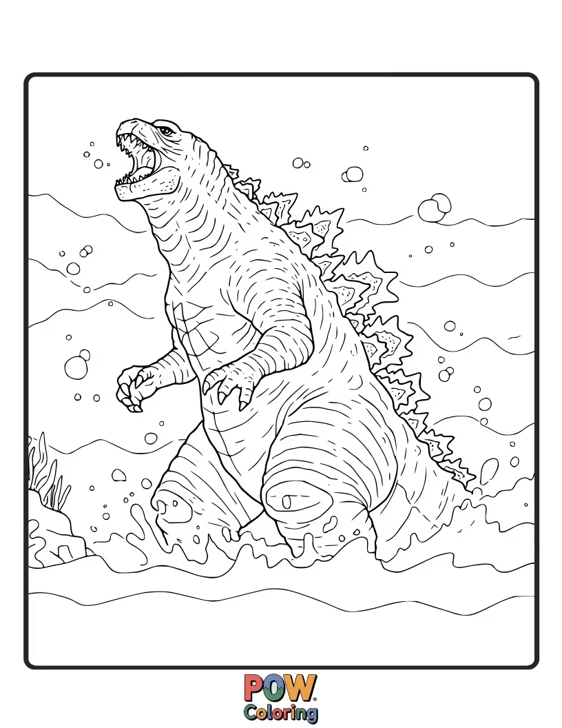Free coloring page of Godzilla letting out a powerful roar underwater, the sound waves rippling through the water. Unique perspective.