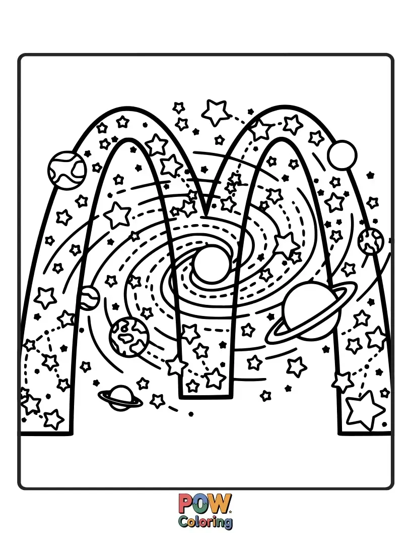 Free coloring page of Golden Arches reaching into a starry night sky with planet-shaped burgers and fries.