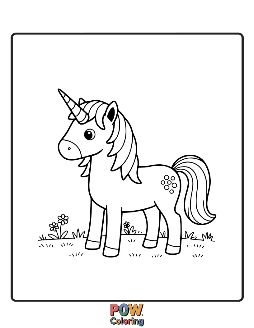 Free coloring page of Unicorn with hooves made of shining gold, leaving sparkling imprints.