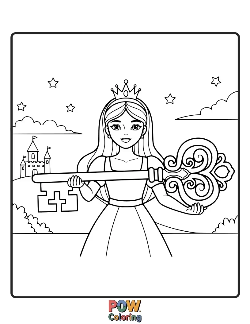 Free coloring page of A determined princess holding a golden key, ready to unlock a magical door.